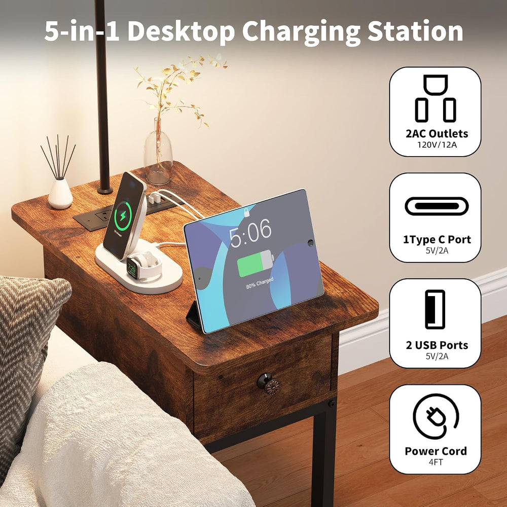 runjuly Floor Lamp with Table, Narrow Side Table with Charging Station