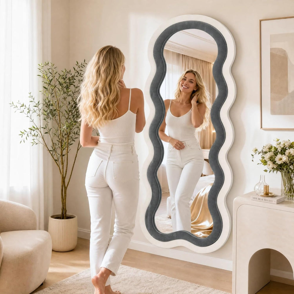Wavy Full Length Mirror 63"x24", Black and White Velvet Frame