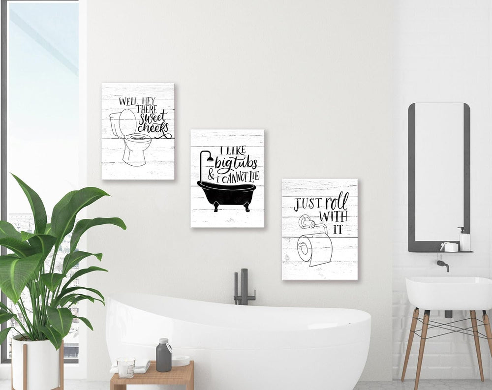 Funny Bathroom Canvas Wall Art Black and White Toilet Bathtub Bath Set Poster...