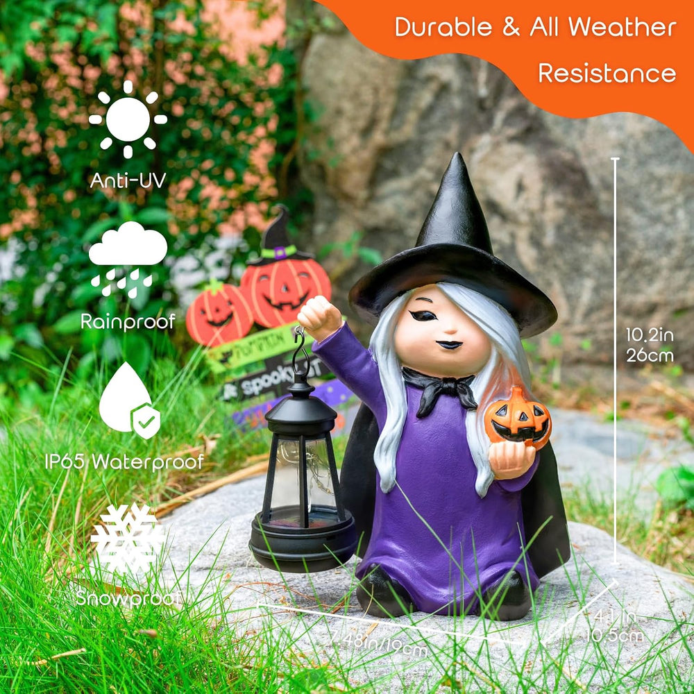 Halloween Witch Gnome Garden Statues with Pumpkin Solar Witch Gnome with LED ...