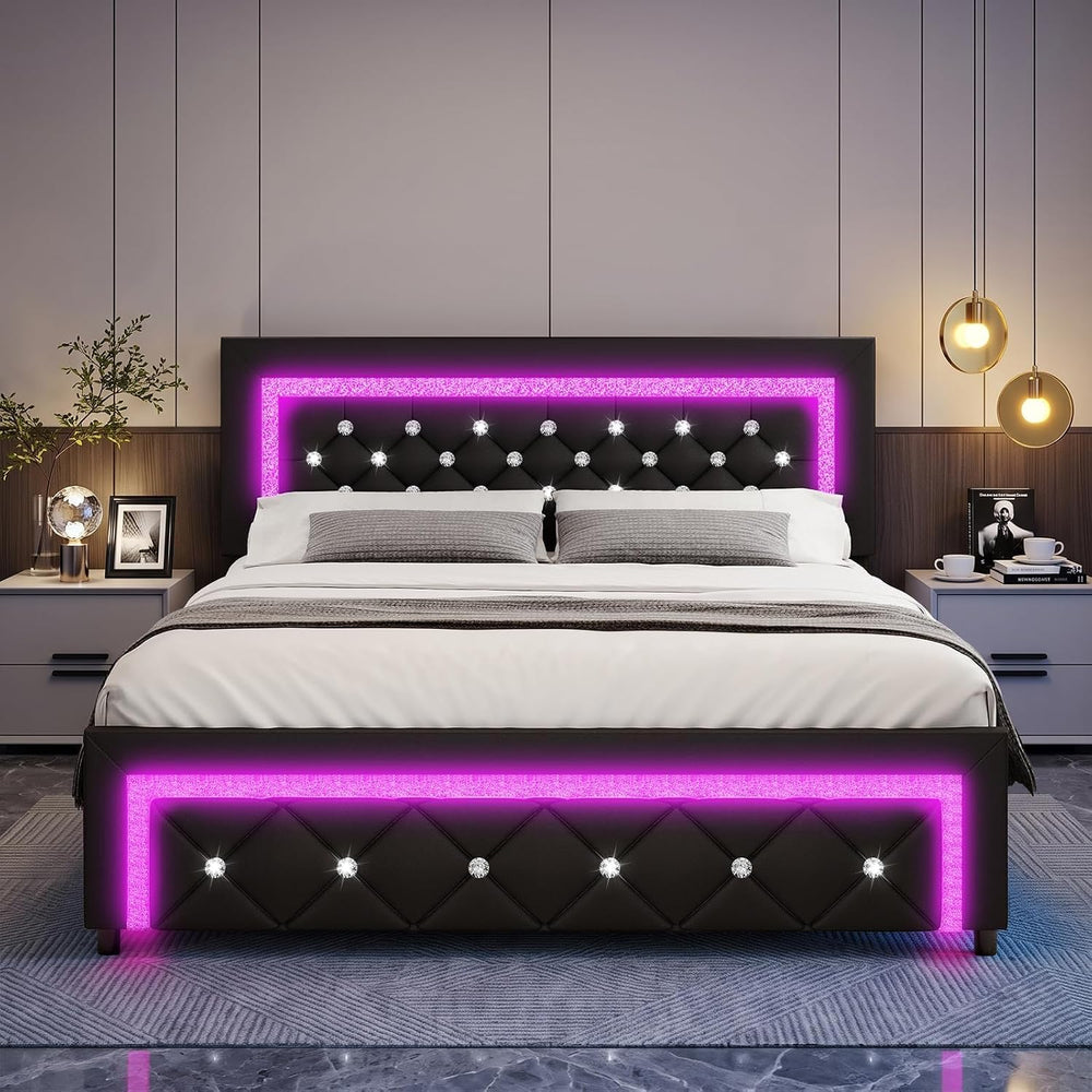 BarnFurin Full Bed Frame with LED Lights, Diamond Tufted Headboard, Black