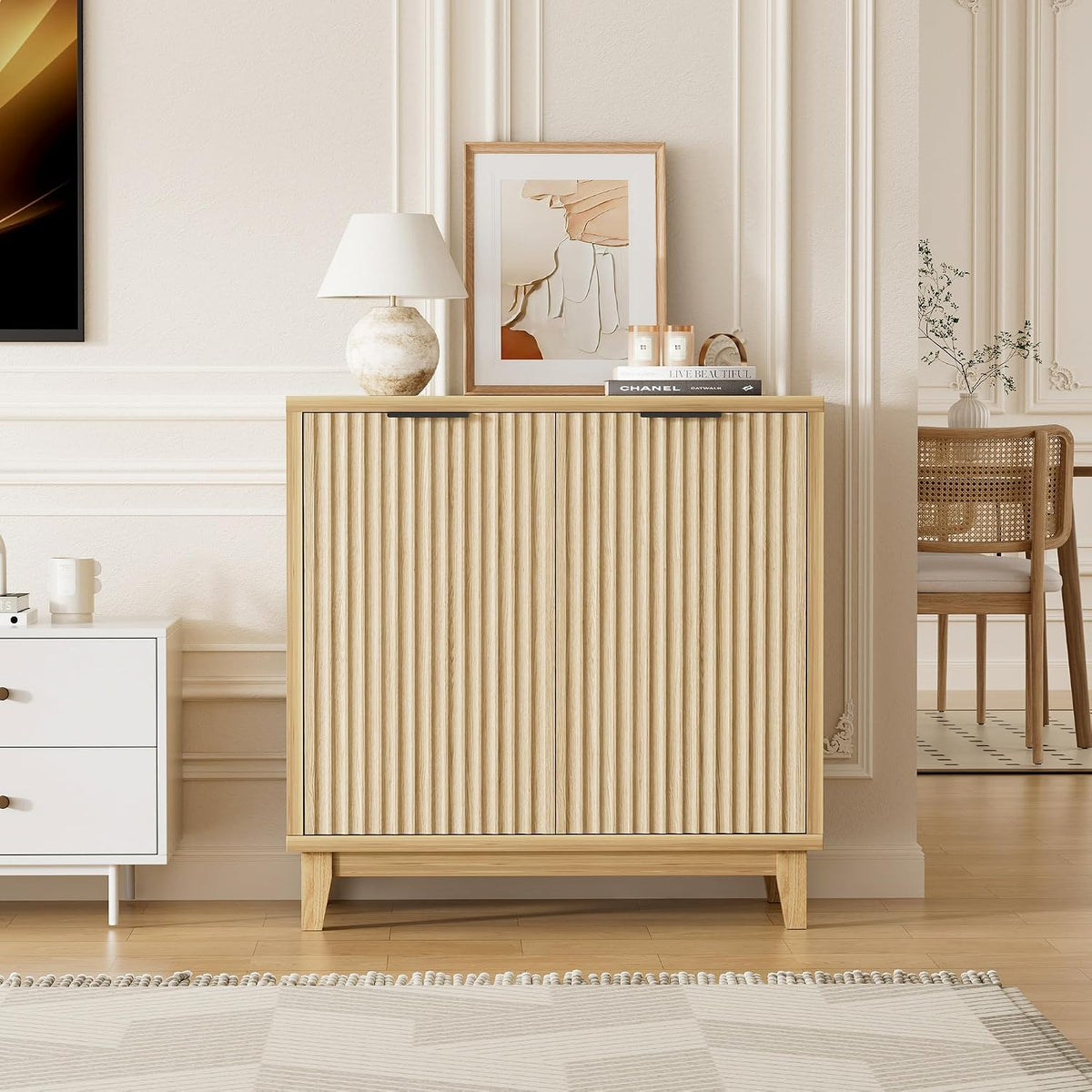 Fluted Cabinet with Storage, Mid Century Modern 2 Doors Sideboard Buffet
