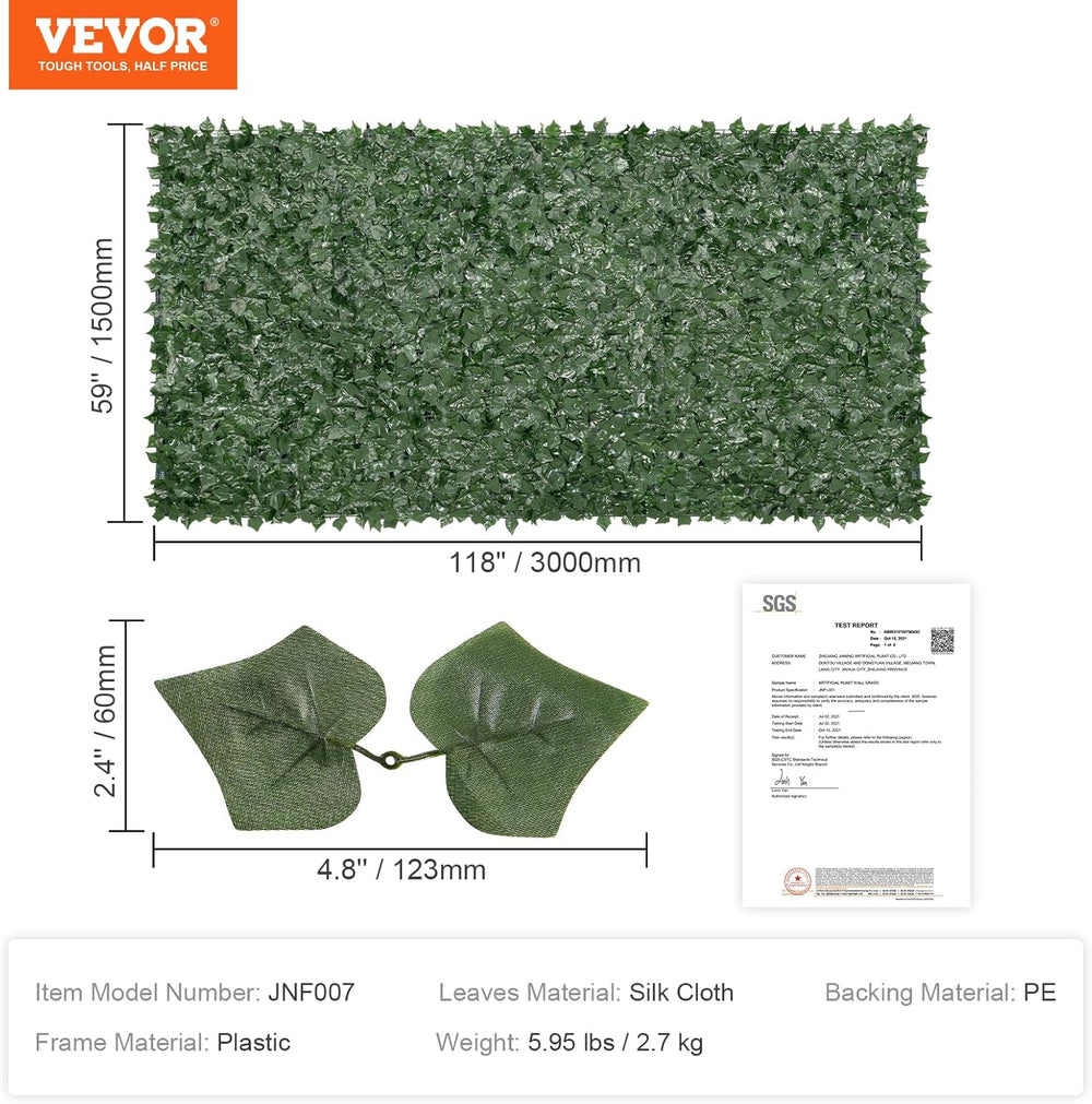 VEVOR Artificial Ivy Privacy Fence Screen, 59 x 118 in Faux Ivy Vine Leaf Hed...