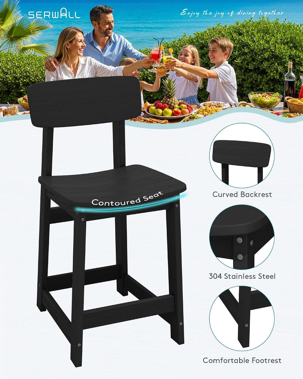SERWALL Outdoor HDPE Counter-Height Bar Stools Set of 2, Black
