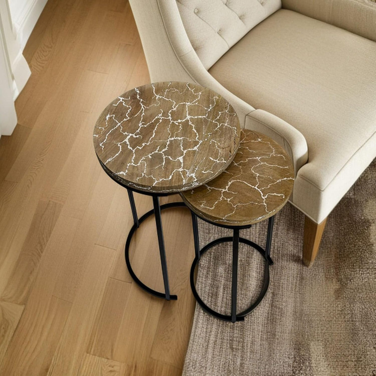 Carolina Chair & Table Electra Round Nesting Accent Table Set - Mango Wood Table with Lightning Vein Design Furniture, Modern Rustic Space-Saving Side Tables, Compact for Living Room and Bedroom