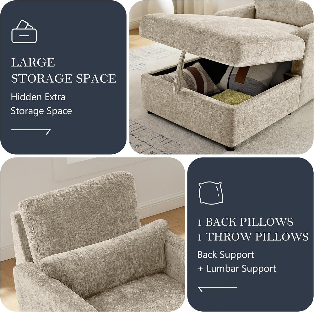 63.8" Oversized Chaise Lounge Chair with Storage, Chenille Camel