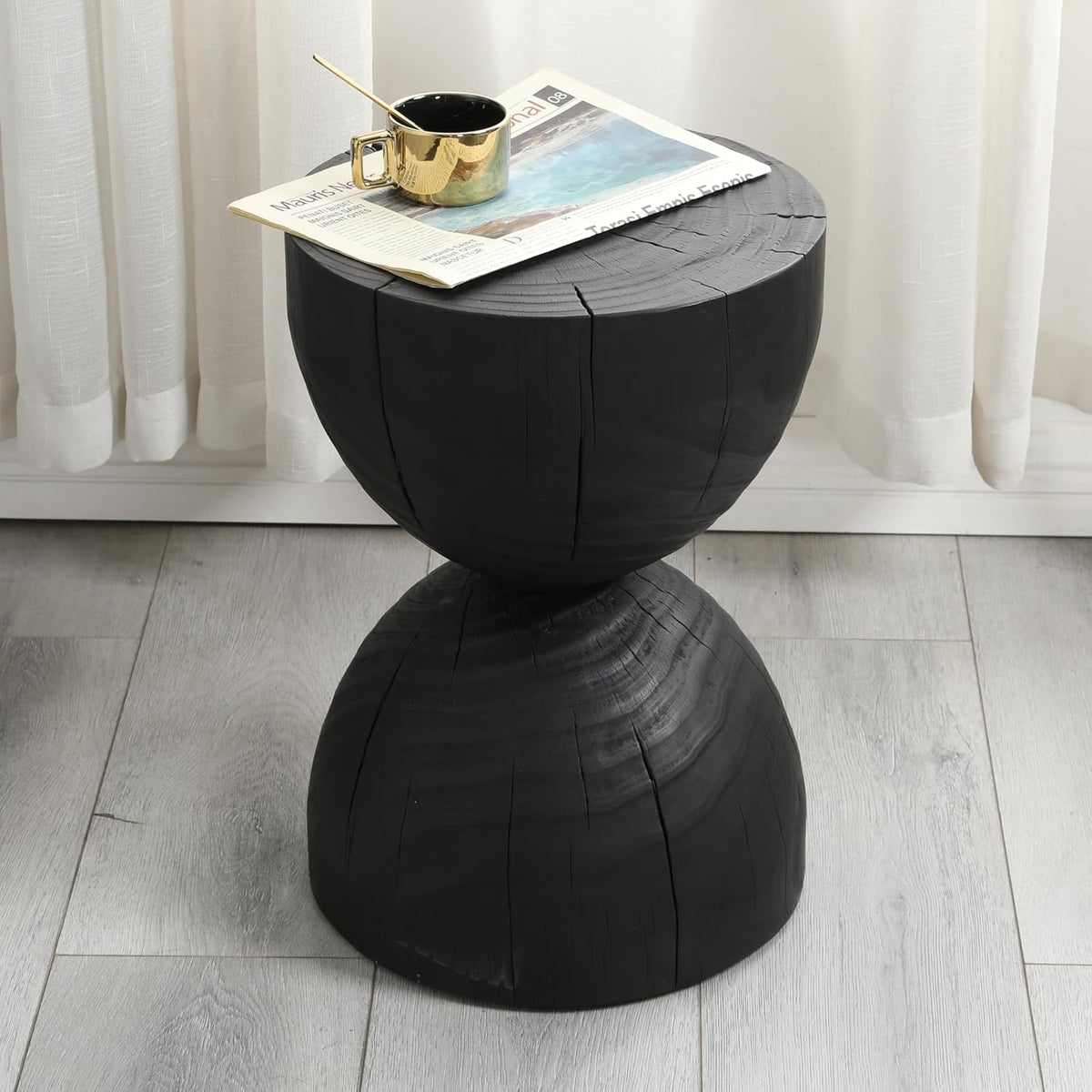 12.2 * 18.11" Solid Mango Wood Round Side Table,Contemporary Wooden Accent Table,Small Circle Plant Stand,Burnt Vintage Cracked End Table for Living Room,Bedroom,Black