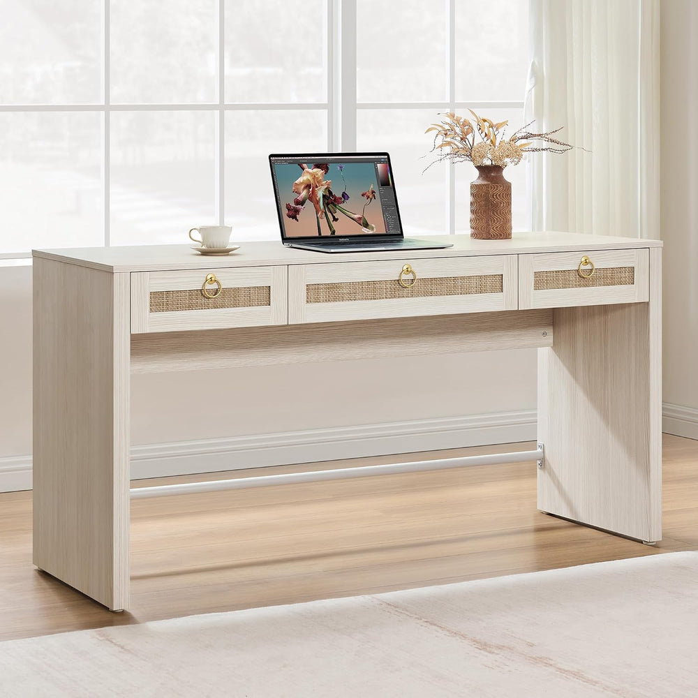 SICOTAS 60" Rattan Home Office Desk with 3 Drawers, White