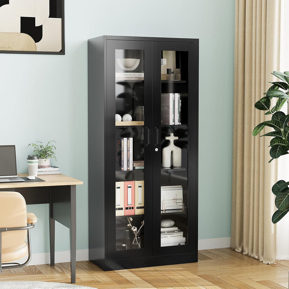 PEUKC Display Cabinet with Glass Doors, 71 Inches Metal Curio Storage Cabinet...