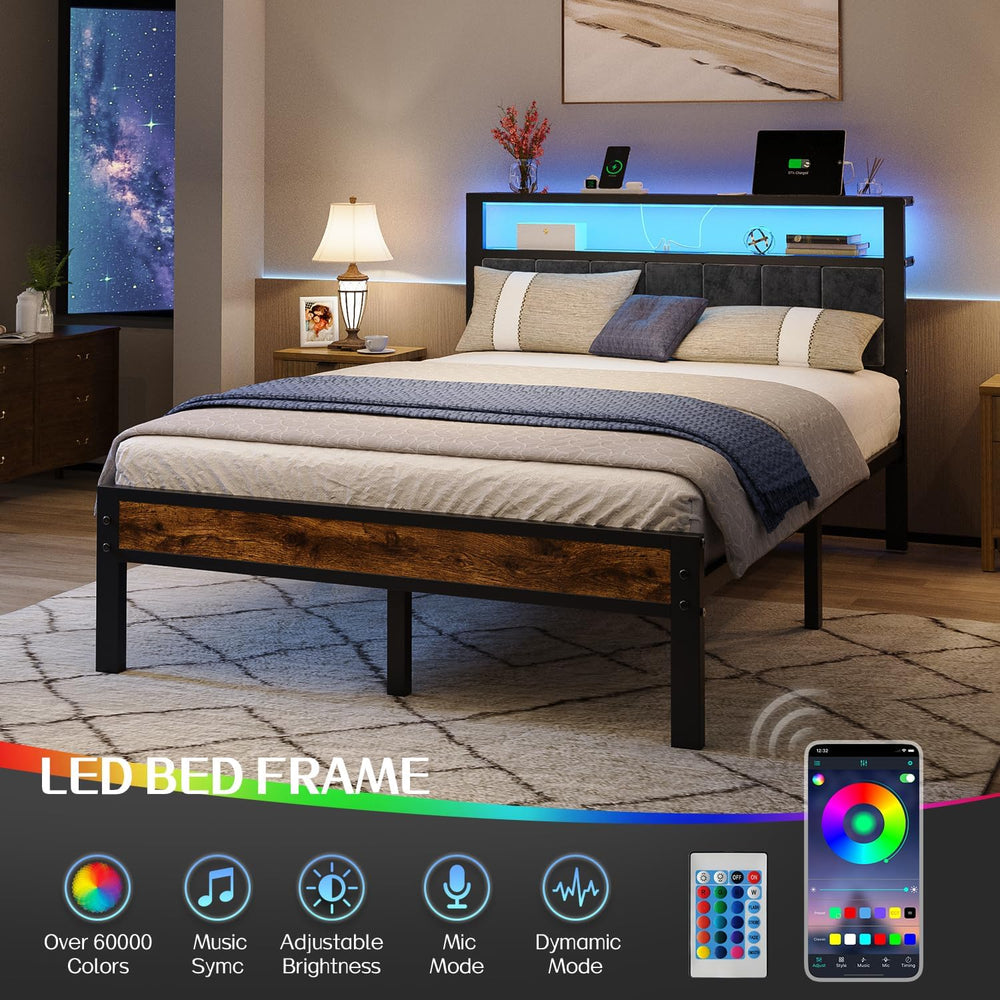 Liians Full Size Bed Frame with LED Lights, Charging Station
