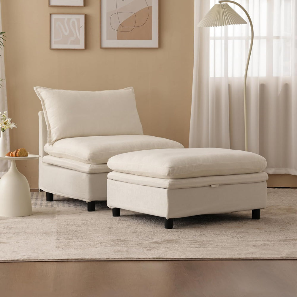 Single Armchair with Storage Ottoman, Modern Chenille Cloud