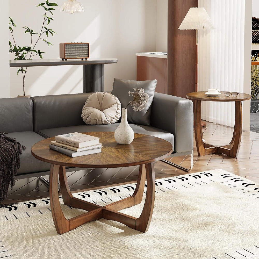 LEEMTORIG Mid Century Modern Round End Side Table Living Room, Walnut End Tab...