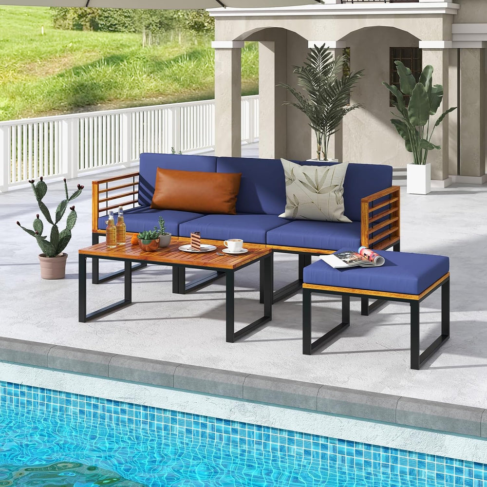 Tangkula 5 Pieces Patio Conversation Set, Acacia Wood Chair Set with Ottoman ...