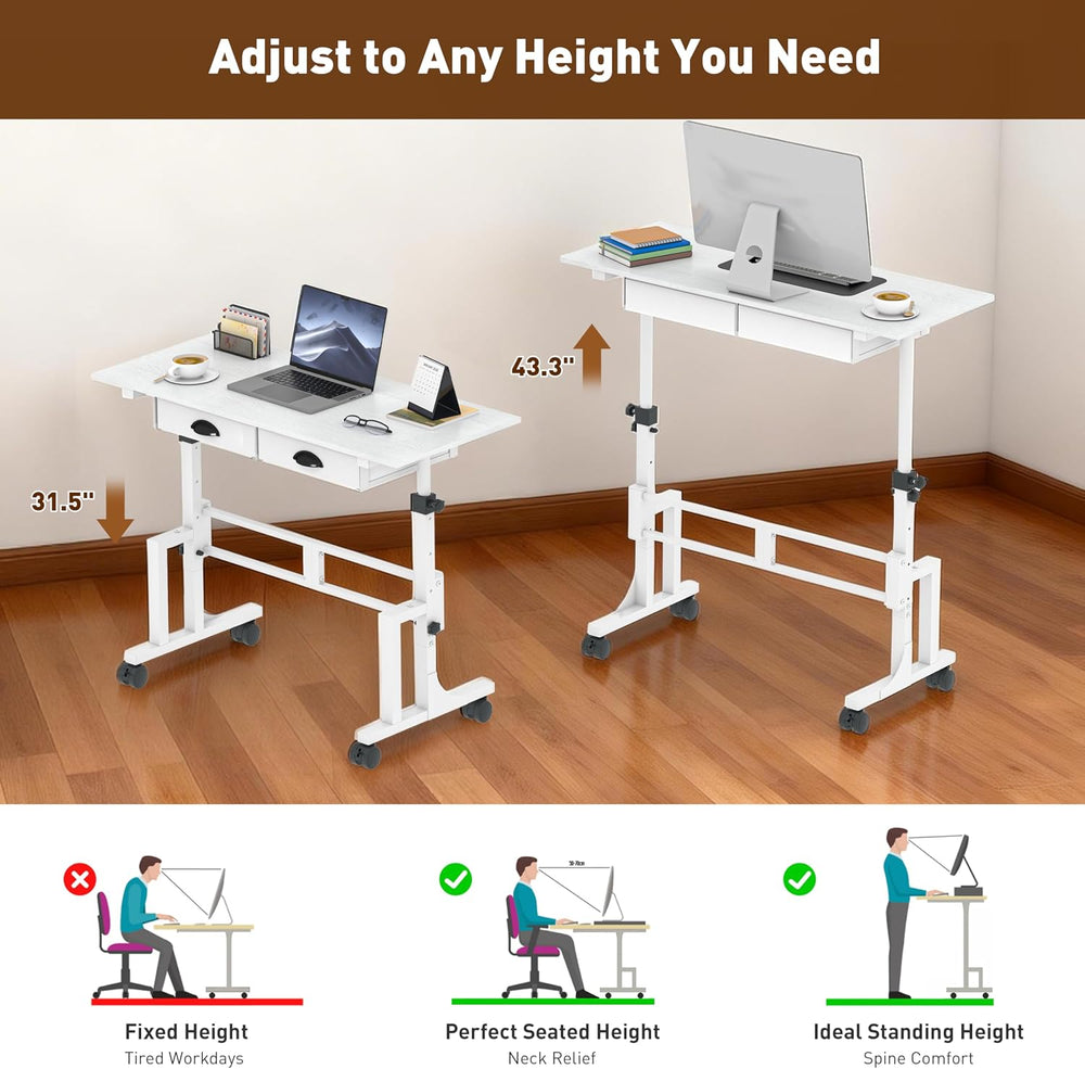 Height Adjustable Standing Desk with 2 Drawers, Small Sit Stand Up Desk with ...