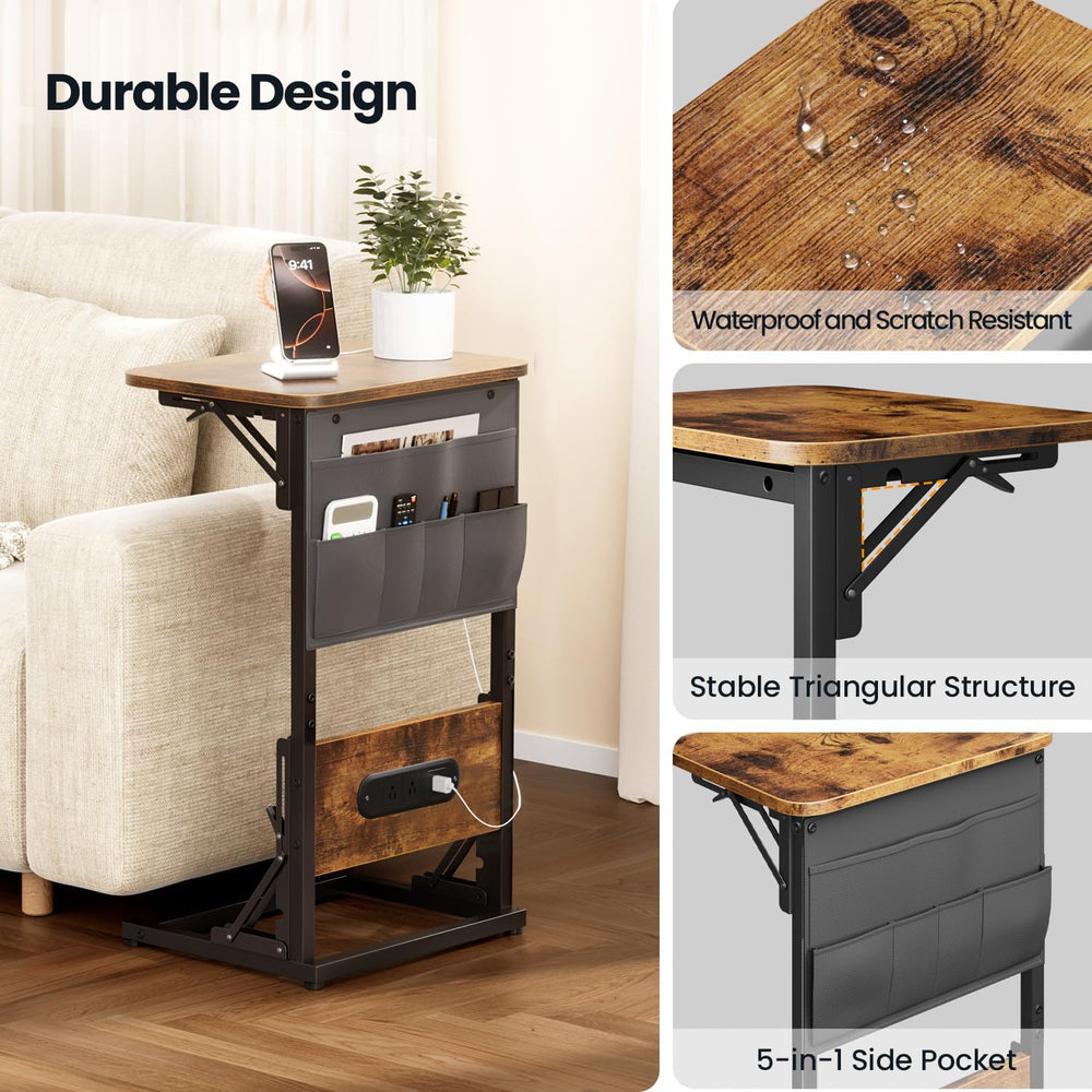 HLDIRECT C Shaped End Table with Charging Station & Storage Bag Brown