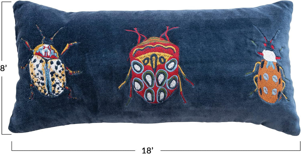 Creative Co-Op Cotton Velvet Embroidered Lumbar Pillow with Beetles and Chamb...