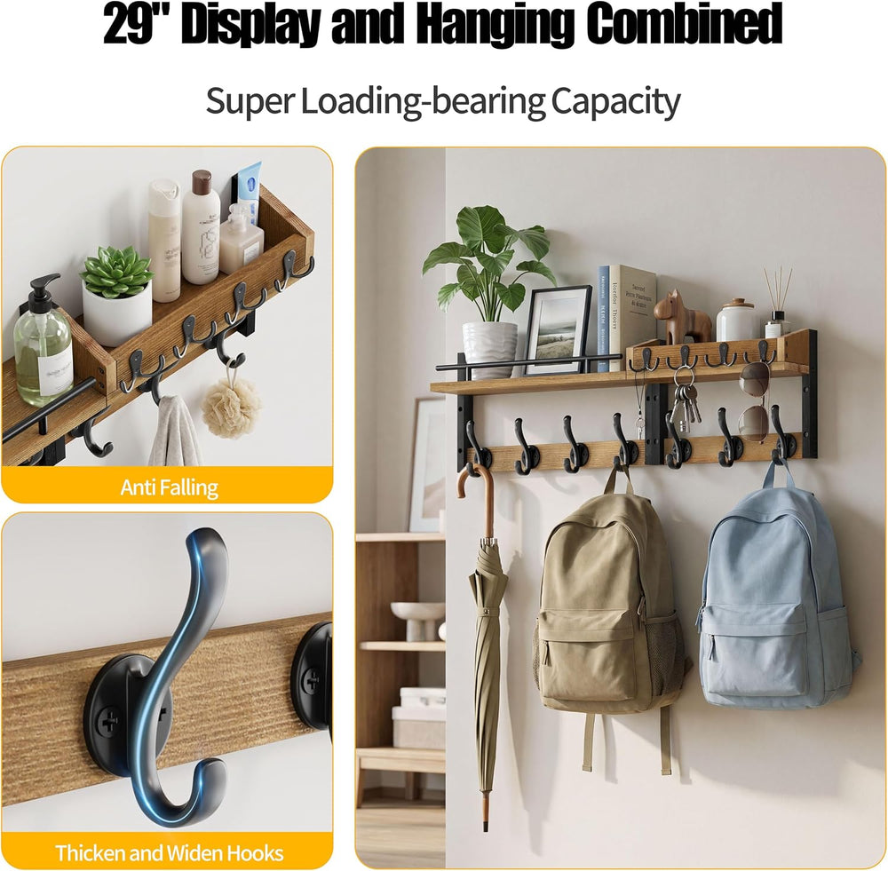 29” Coat Rack Wall Mount with Shelf, Coat and Key Hanger with Metal Hooks