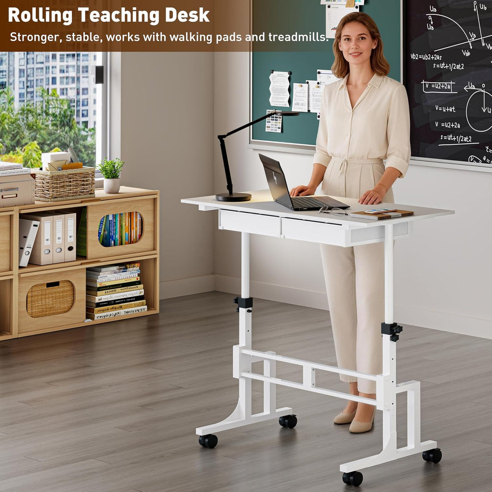 Height Adjustable Standing Desk with 2 Drawers, Small Sit Stand Up Desk with ...