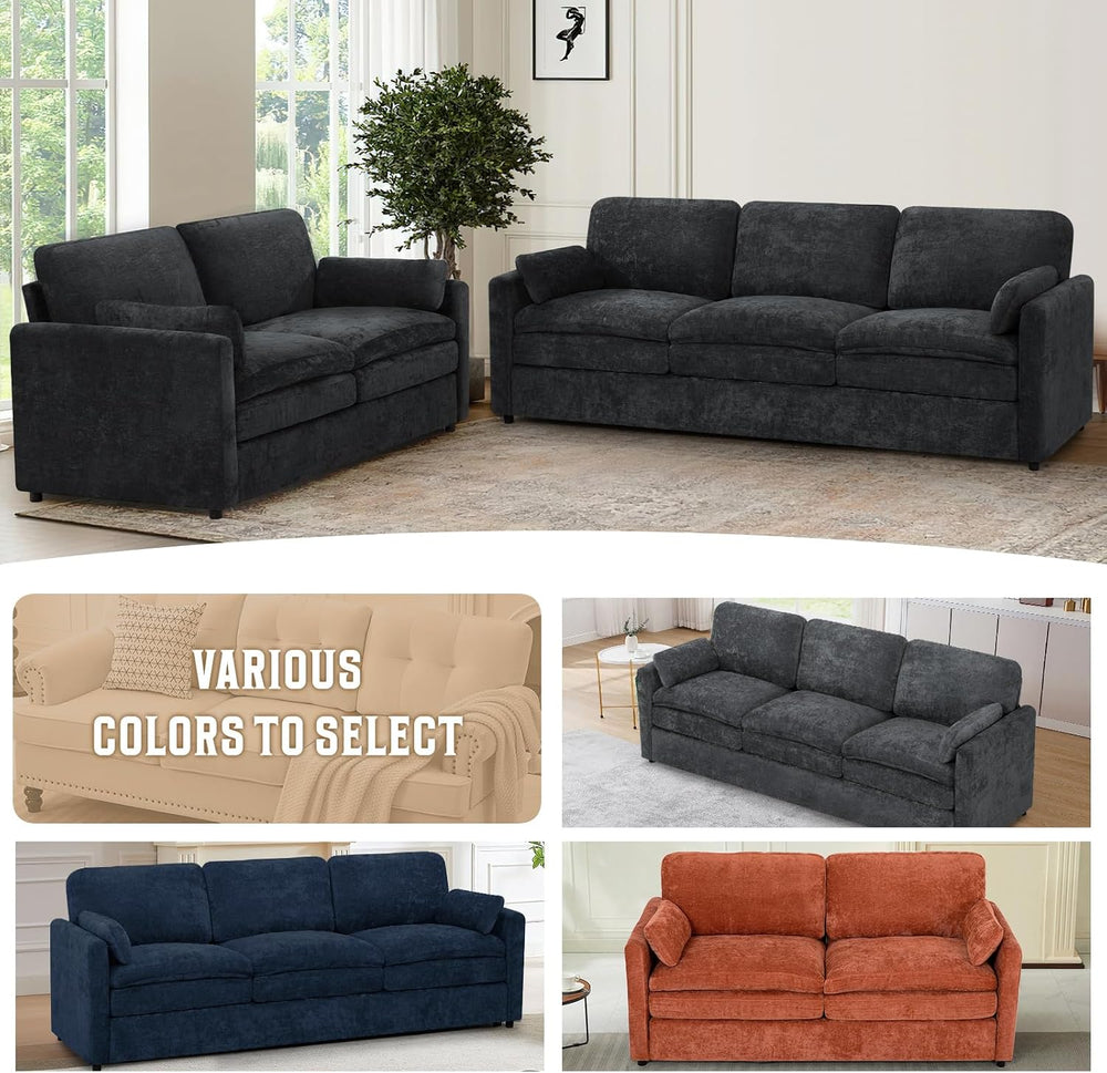 2 Pieces Chenille Upholstered Sofa Set w/Thicker Cushions, Black
