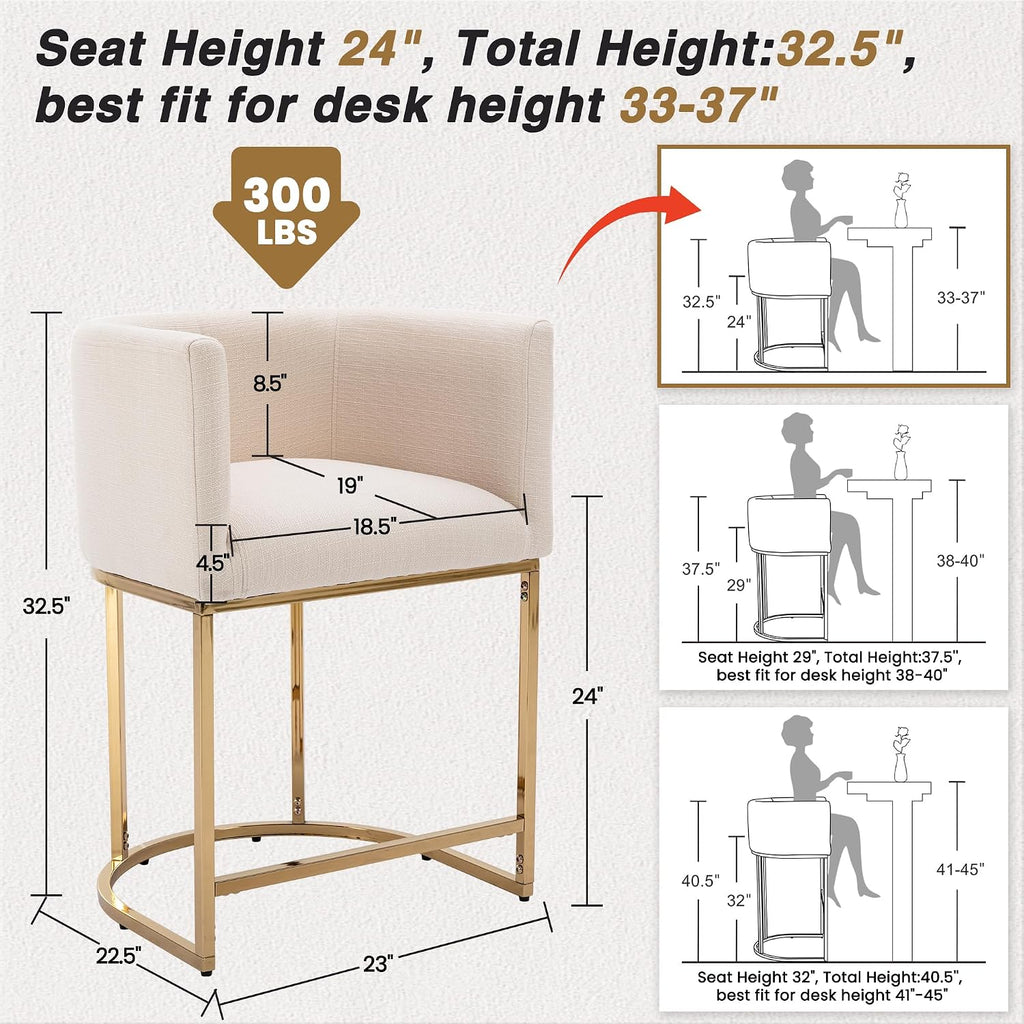 HNY Modern Counter Height Linen Cream Fabric Upholstered Counter Stool, 24 Inch Kitchen Island Stool with Gold Metal Frame