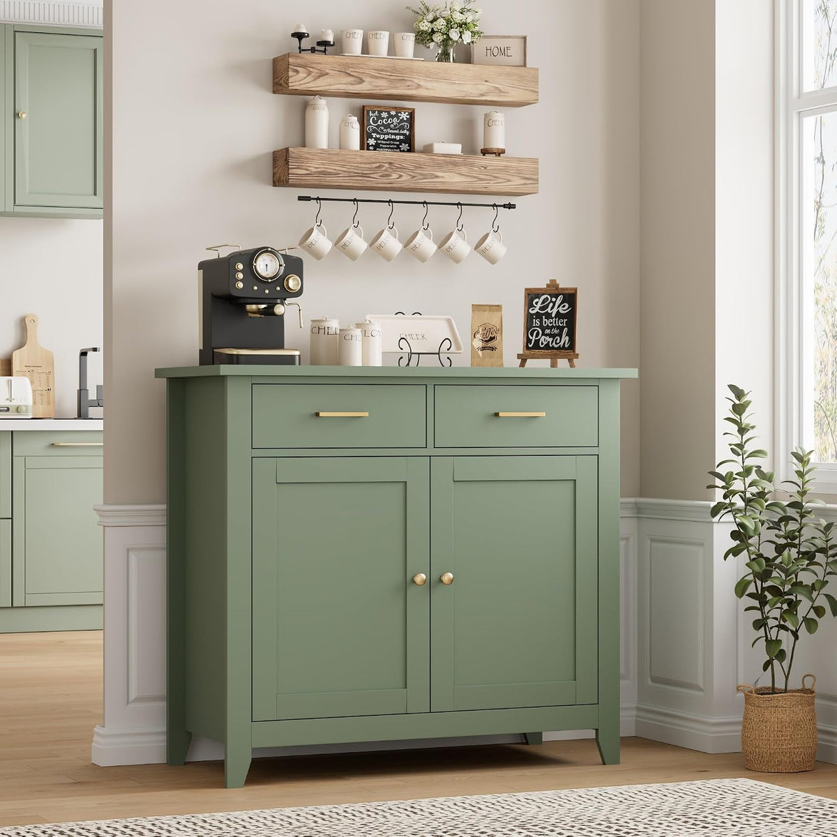 HORSTORS Farmhouse Kitchen Storage Cabinet, Small Buffet, Coffee Bar, Green