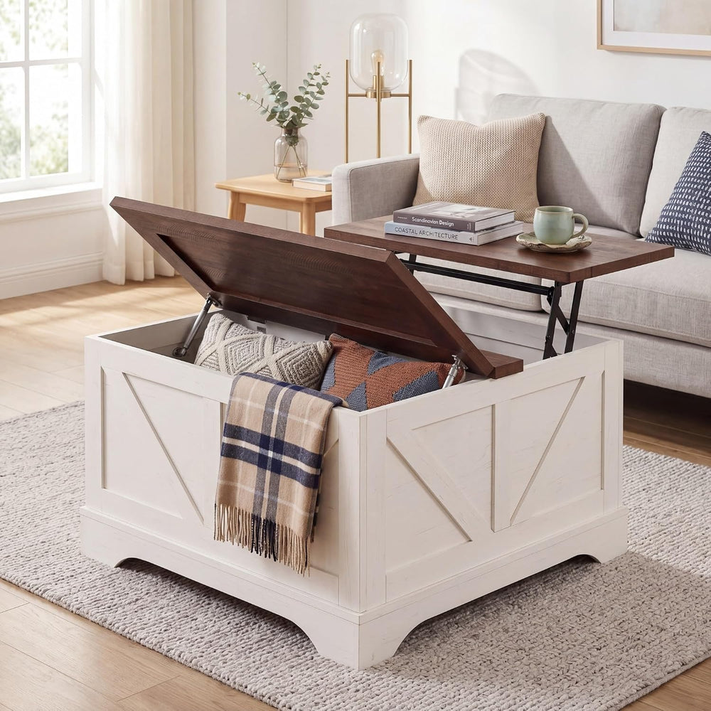 Tangkula Farmhouse Lift Top Coffee Table with Storage, Rustic Brown + White