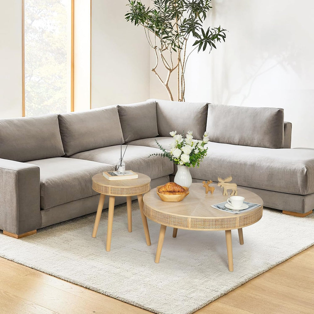 Wnutrees Farmhouse Round Coffee Table, Rustic Sofa Side Tea Set, Natural