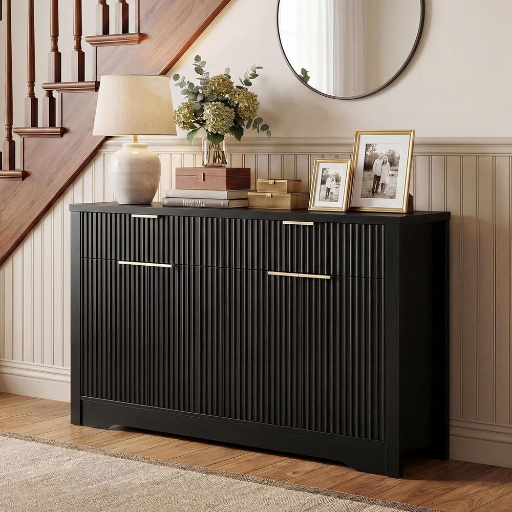 Cyclysio 55" Fluted Sideboard Buffet Cabinet with Drawers (Black, 4 Doors)