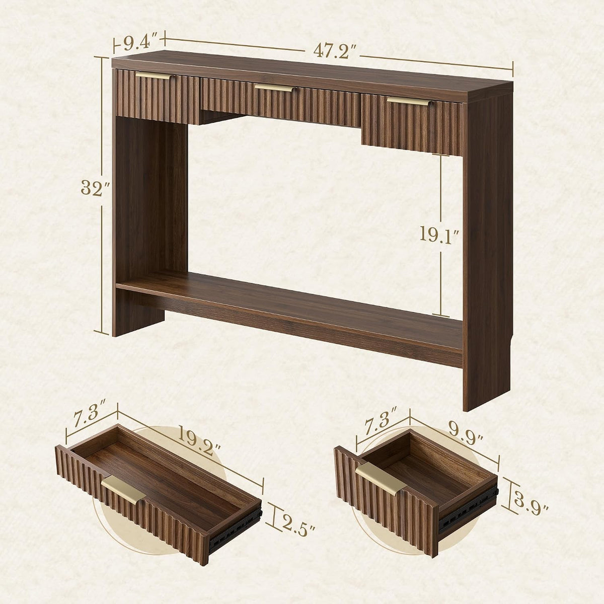 Entryway Console Sofa Table with 3 Drawers, Black Walnut | Fluted Entryway Table with Open Storage Shelf, Narrow Long Behind Couch Sofa Table for Living Room