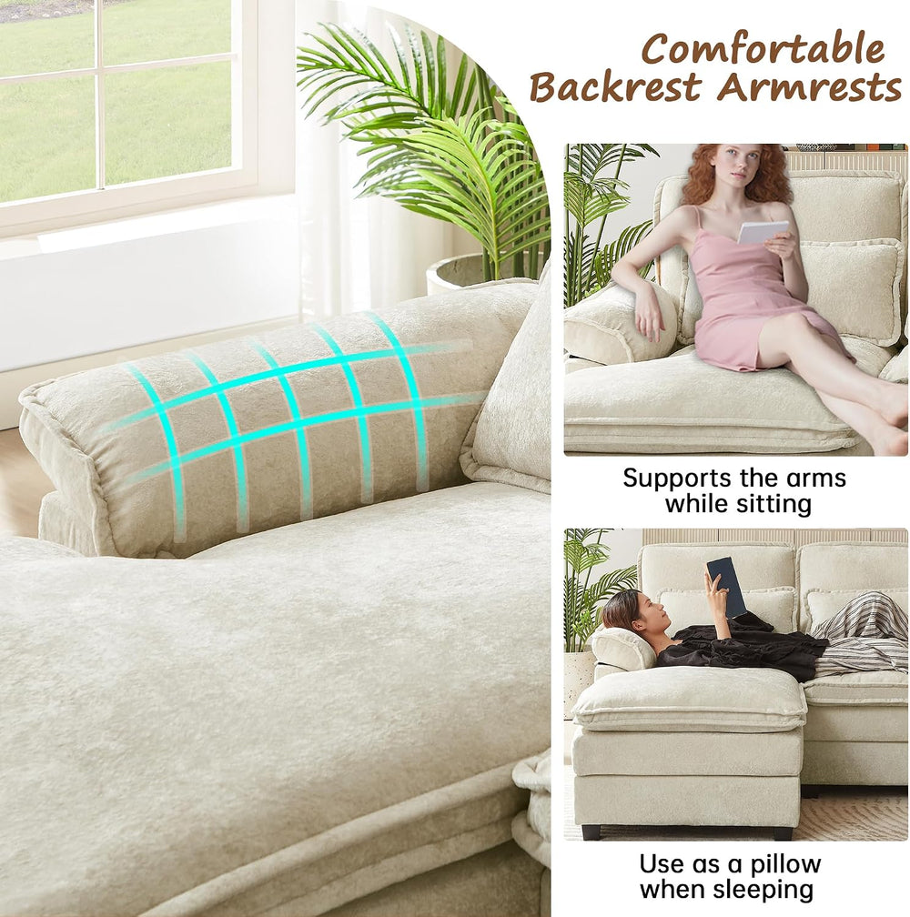 113" U Shaped Sectional Sofa, 4-Seater Cloud Couch, Chenille, Beige