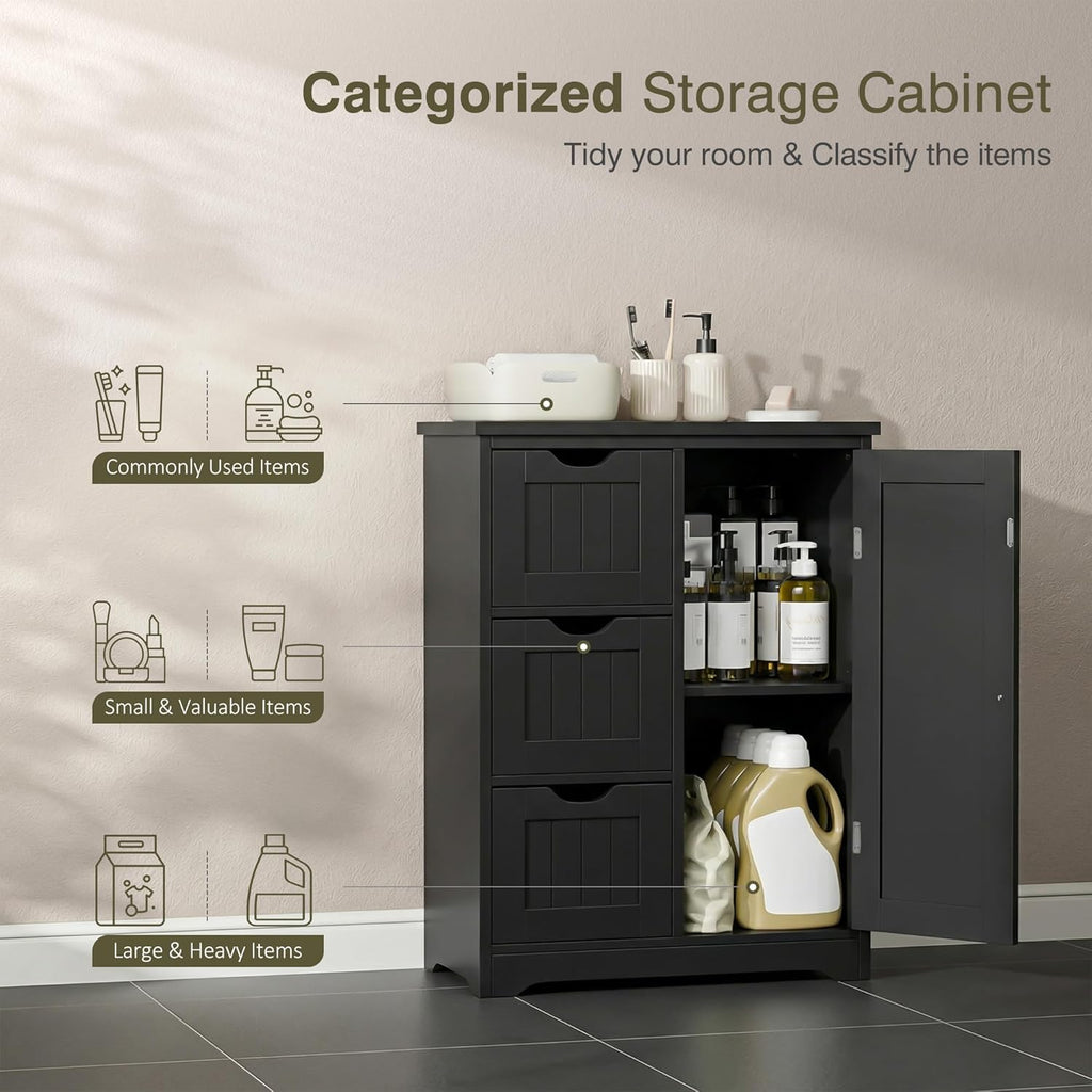 SUPER DEAL Bathroom Storage Cabinet with 3 Drawers and 1 Door, Entryway Home Decor Furniture Towels Storage Organizer Unit, Black