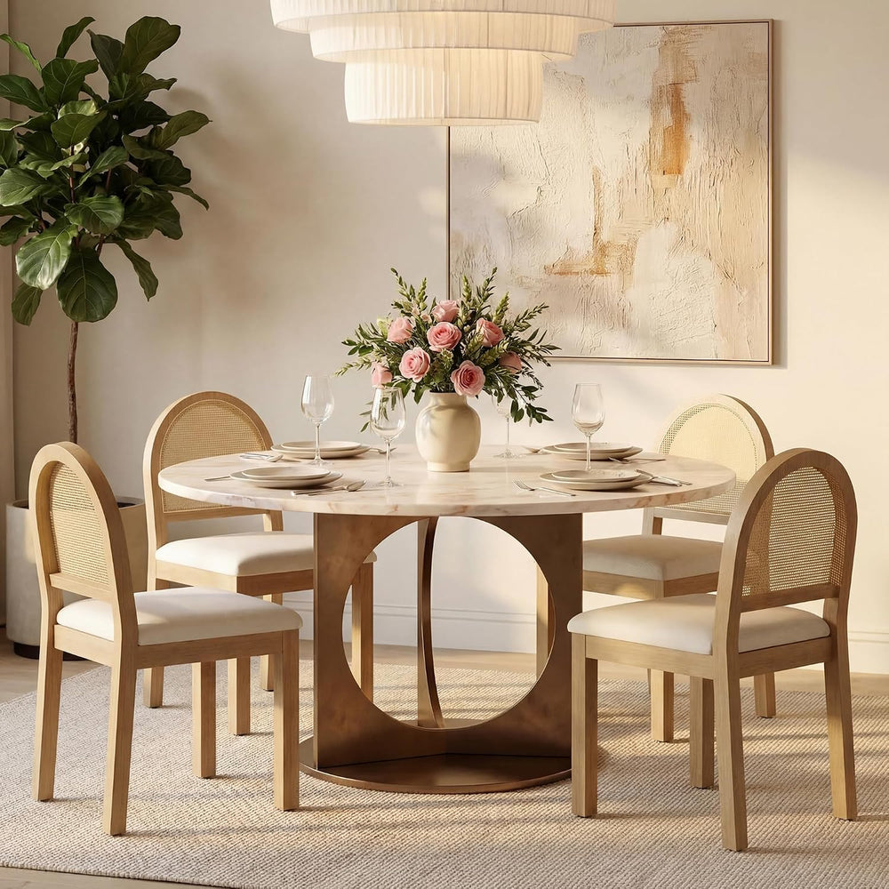 Upholstered Rattan Dining Chairs Set of 6, Farmhouse Wooden Kitchen Chair