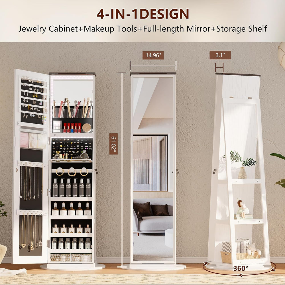 LVSOMT Jewelry Cabinet Standing, 360° Swivel Jewelry Armoire, White Brown