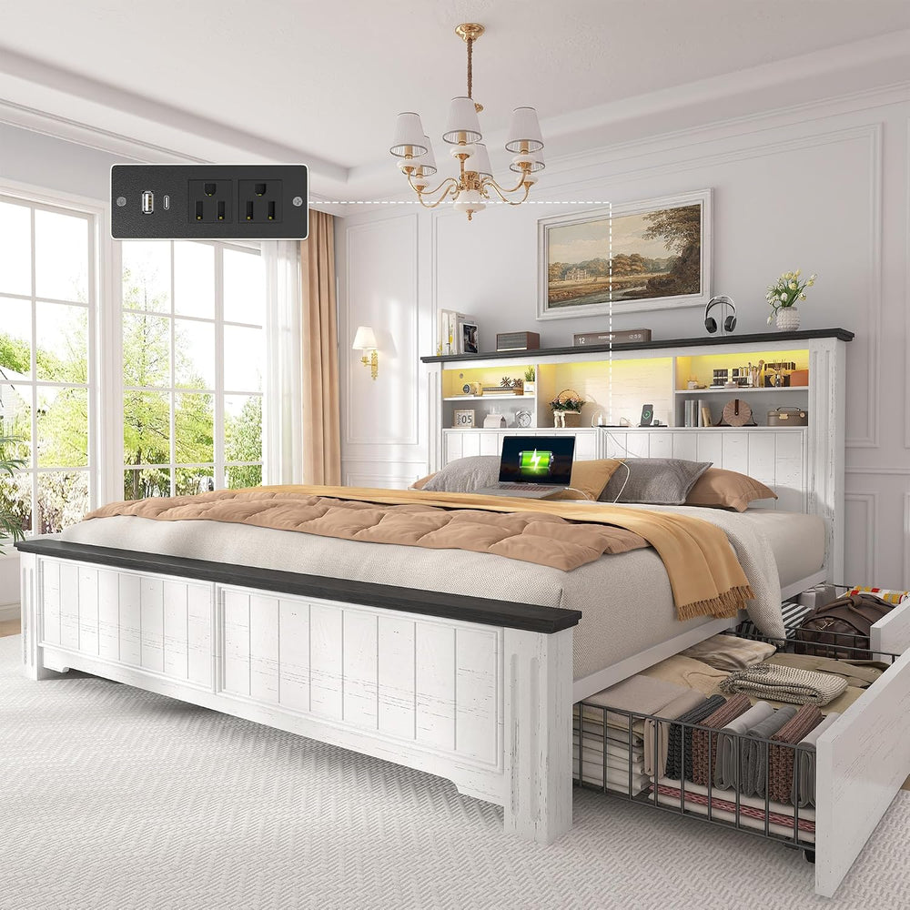 EnHomee Queen Bed Frame with 4 Drawers and Headboard Storage Shelf,White