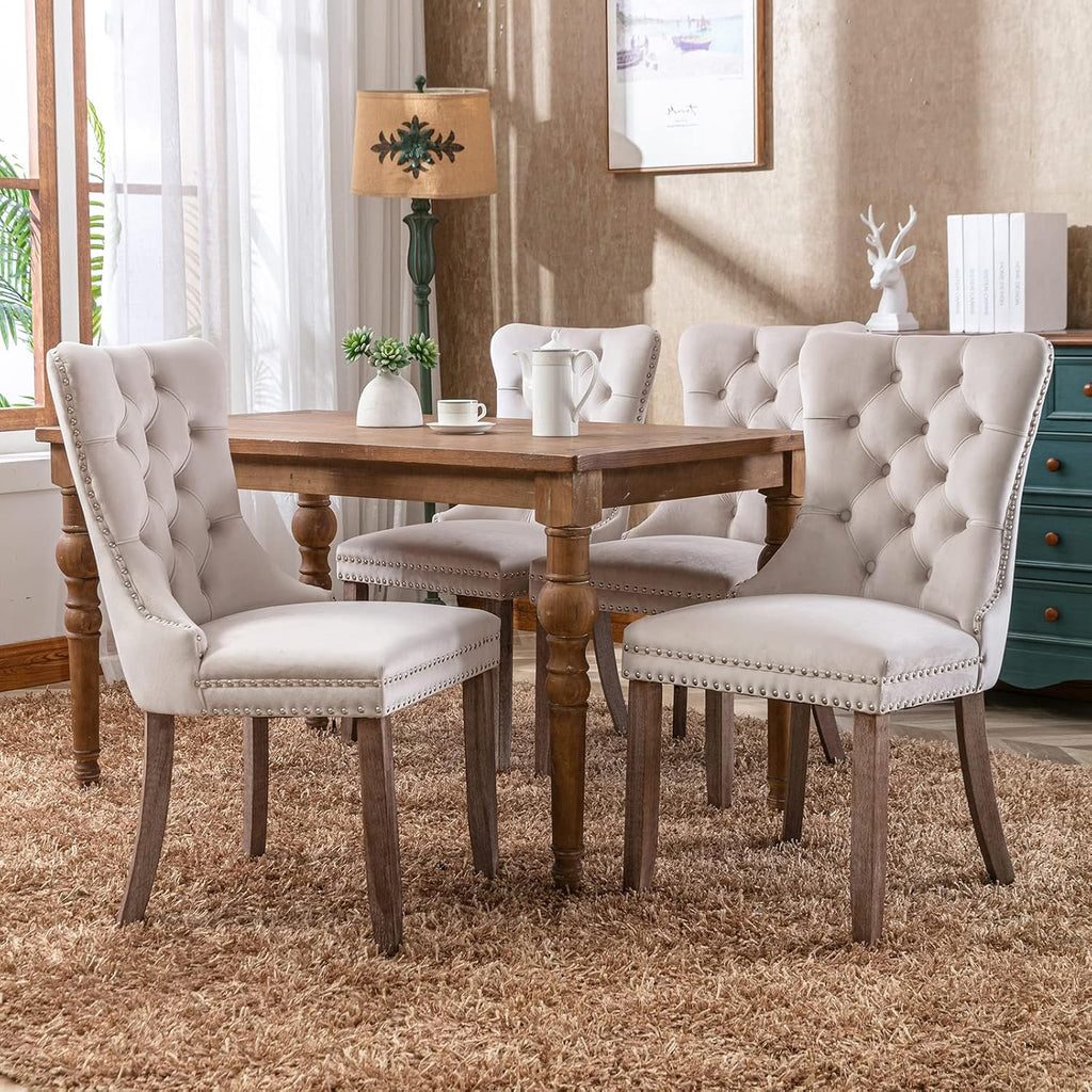 beige velvet dining chairs set of 2, tufted, side view