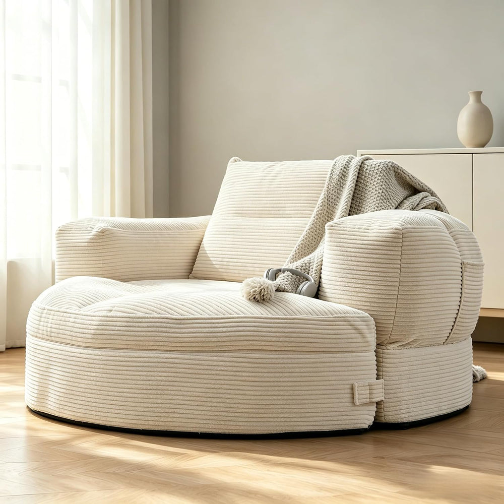 63''Round Chaise Lounge Chair with Footstool,Plush Seating(Beige)
