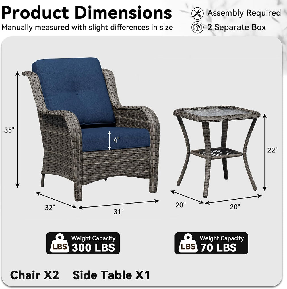 3 Pieces Outdoor Wicker Patio Furniture Set - Patio Chairs Set with Thickened...