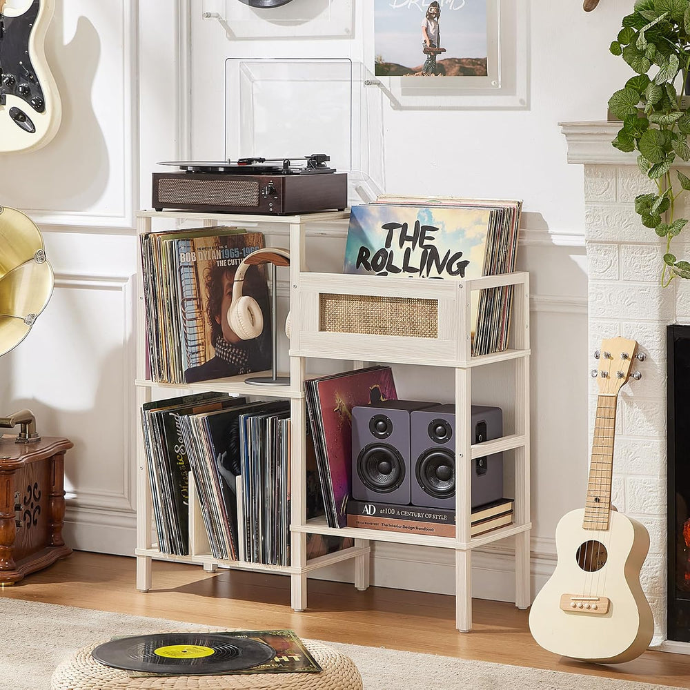LELELINKY Record Player Stand, White Cream Oak Wood Record Holder with Vinyl ...