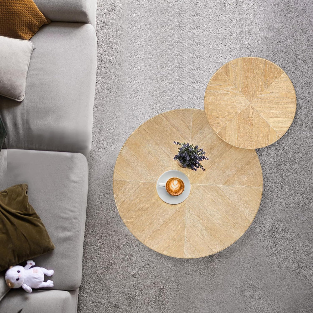 Wnutrees Farmhouse Round Coffee Table, Rustic Sofa Side Tea Set, Natural