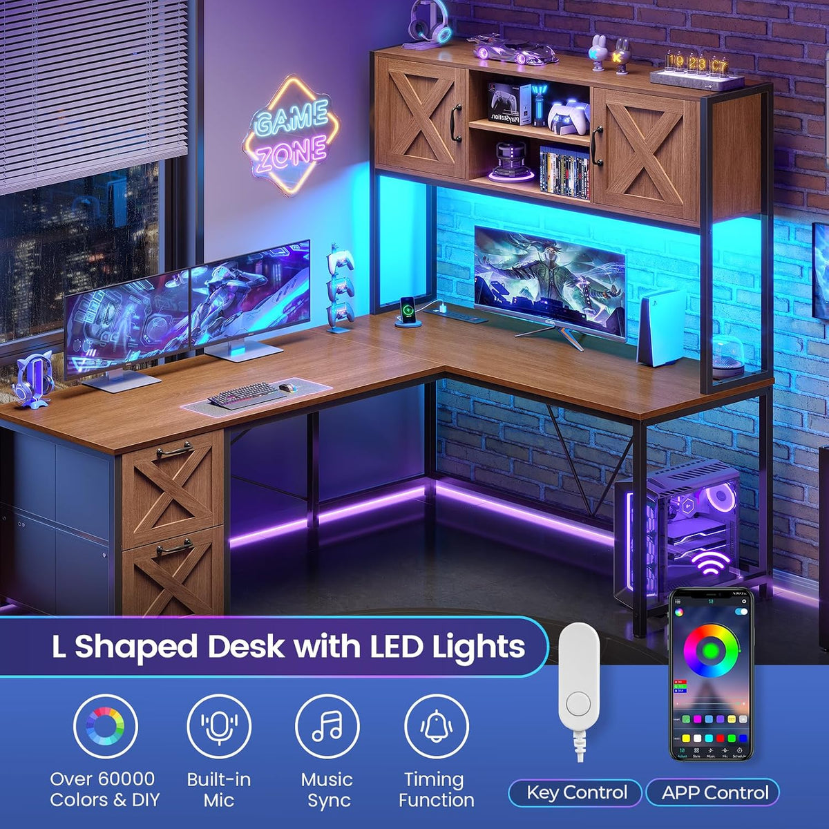 SEDETA Reversible Farmhouse L Shaped Office Desk with Drawer, Hutch