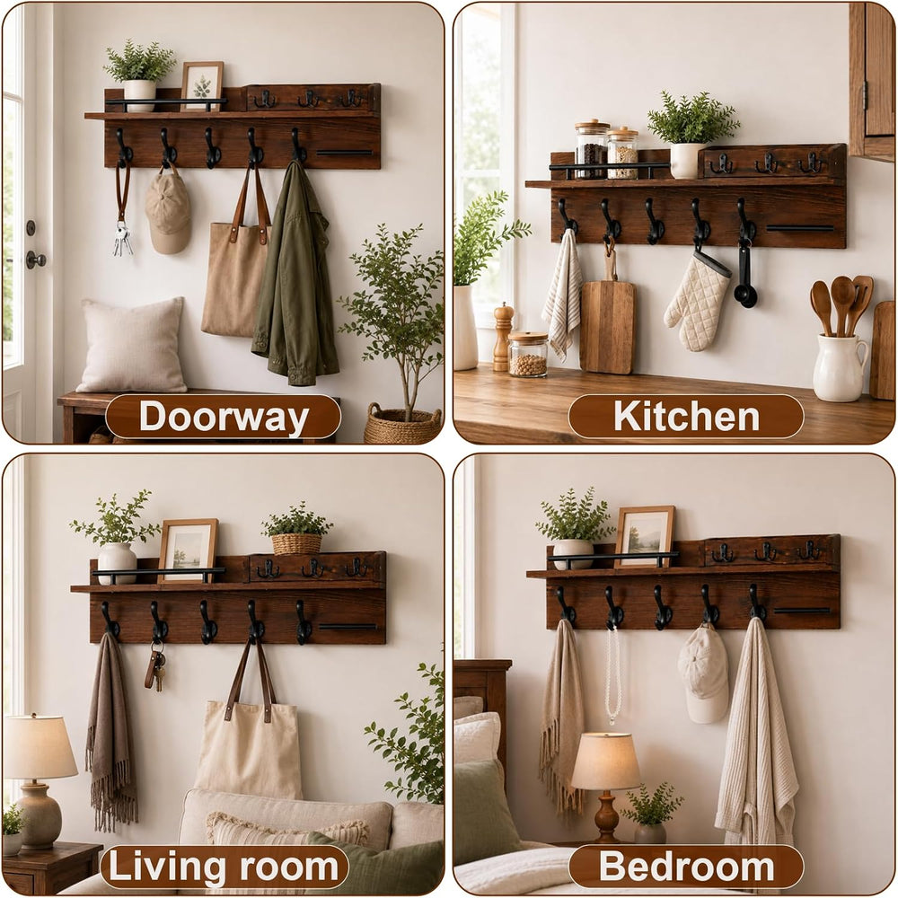 Wall Mount Wooden Coat Rack with Shelf, Entryway Key Hook Rack for Hallway