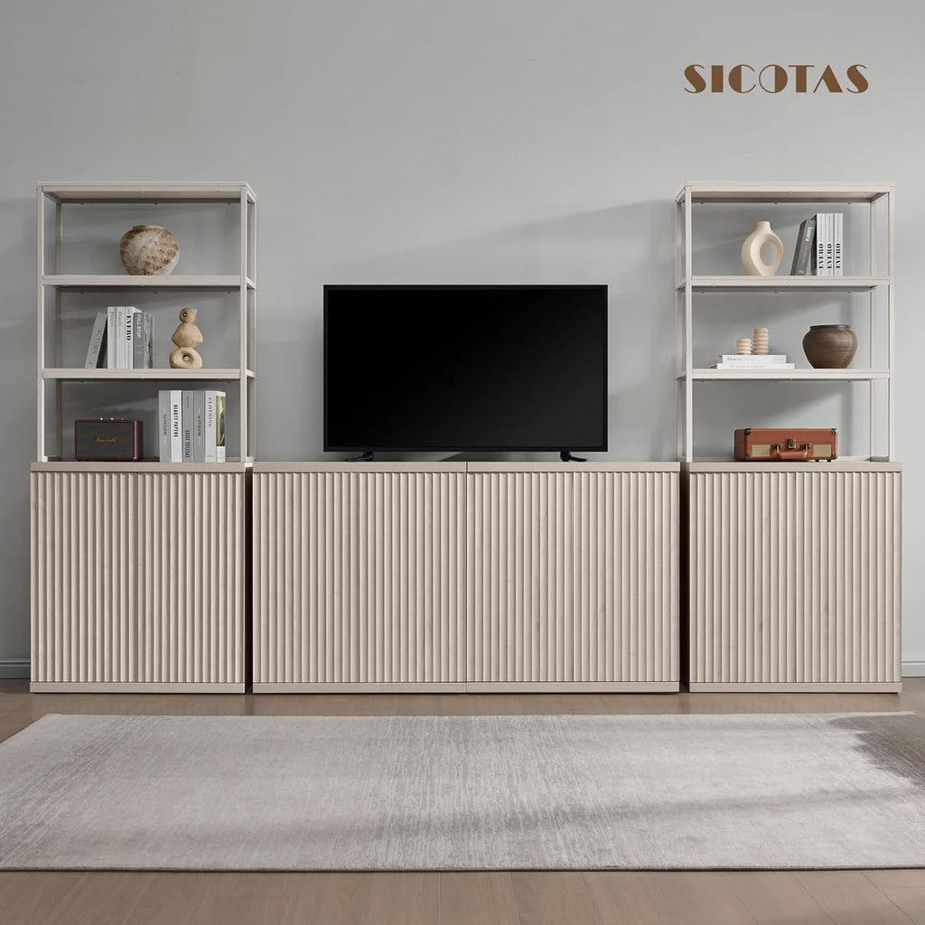 SICOTAS Fluted Book Shelf with Doors 75" Tall Bookshelf with Storage