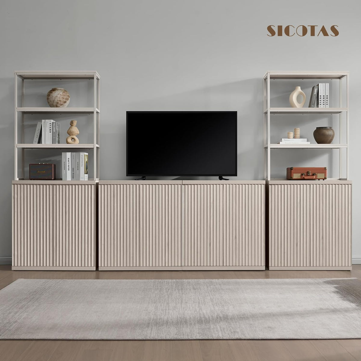 SICOTAS Fluted Book Shelf with Doors 75" Tall Bookshelf with Storage