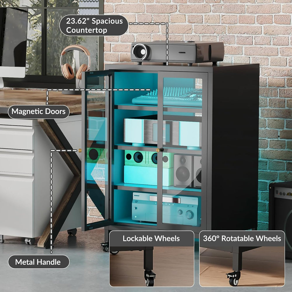 Metal Media Cabinet with 13-Color LED Lights & Swivel Wheels, 4-Tier Ster...