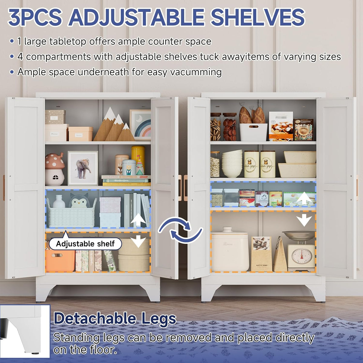 46.06" White Metal Storage Cabinet, 2 Door Adjustable Shelves Freestanding Pantry Cabinet (White, 11.81" D x 23.62" W x 46.06" H)