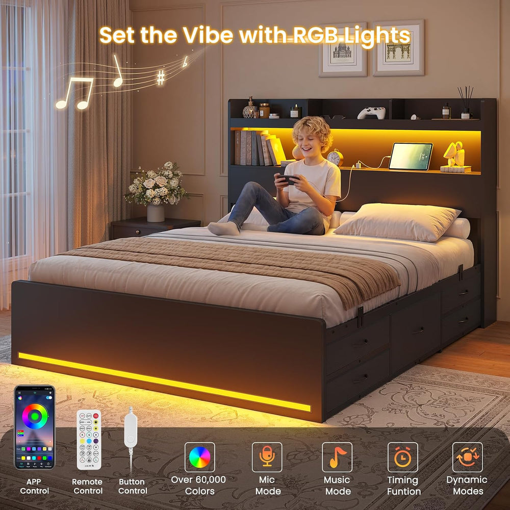 DICTAC Full Bed Frame with Storage Headboard & 5 Drawers, LED Bed Frame F...