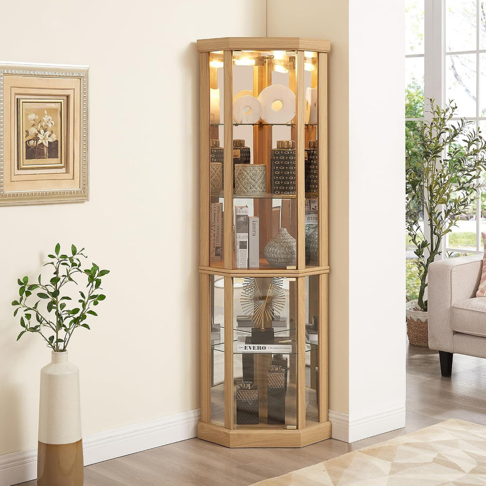 69" H Corner Curio Cabinet with Light, Corner Glass Display Showcase wit...