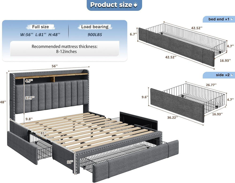 EnHomee Full Bed Frame with 2 Drawers & 2-Tier Storage Headboard Shelf
