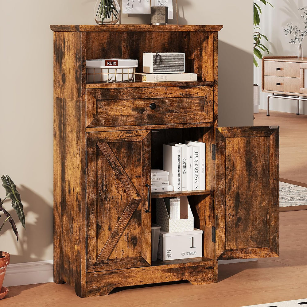 Floor Cabinet, Farmhouse Storage Cabinet with Barn Doors and Drawers
