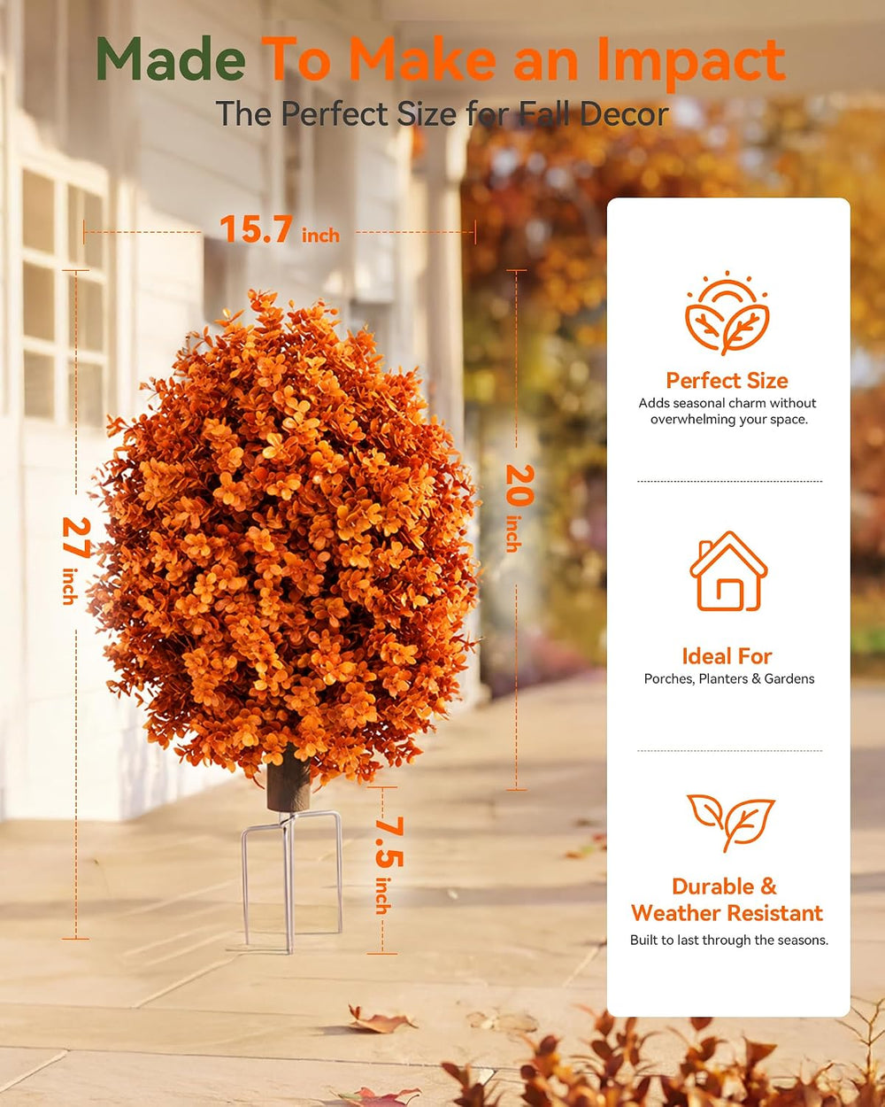 27“ Fall Artificial Boxwood Topiary Ball with Ground Spike, Fake Plants